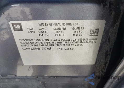 2013 Chevrolet Cruze 2Lt Auto from USA, damaged, VIN 1G1PE5SB6D7277348